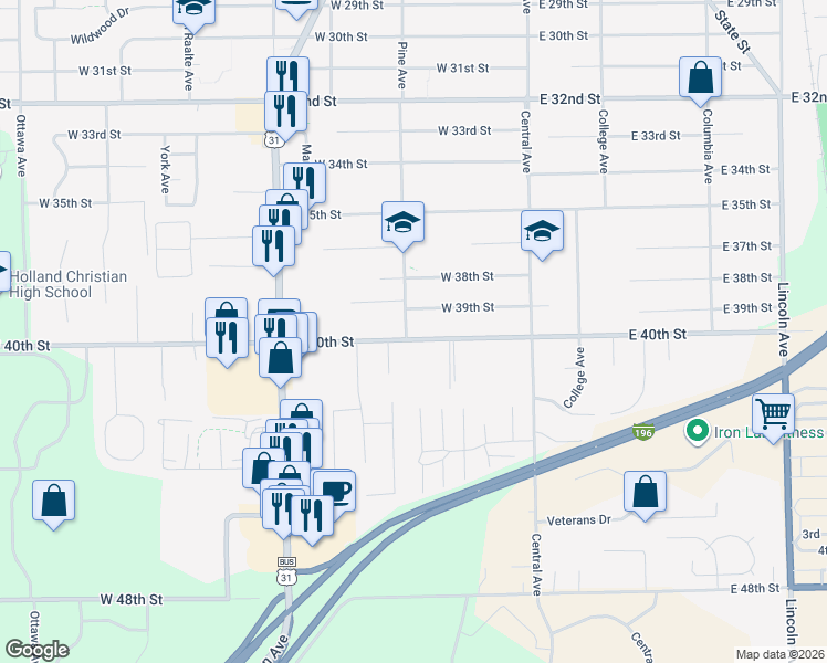 map of restaurants, bars, coffee shops, grocery stores, and more near 980 Pine Avenue in Holland