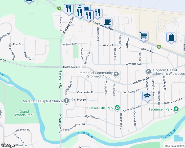 map of restaurants, bars, coffee shops, grocery stores, and more near 3521 Delta River Drive in Lansing