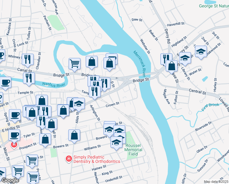 map of restaurants, bars, coffee shops, grocery stores, and more near 145 East Hollis Street in Nashua