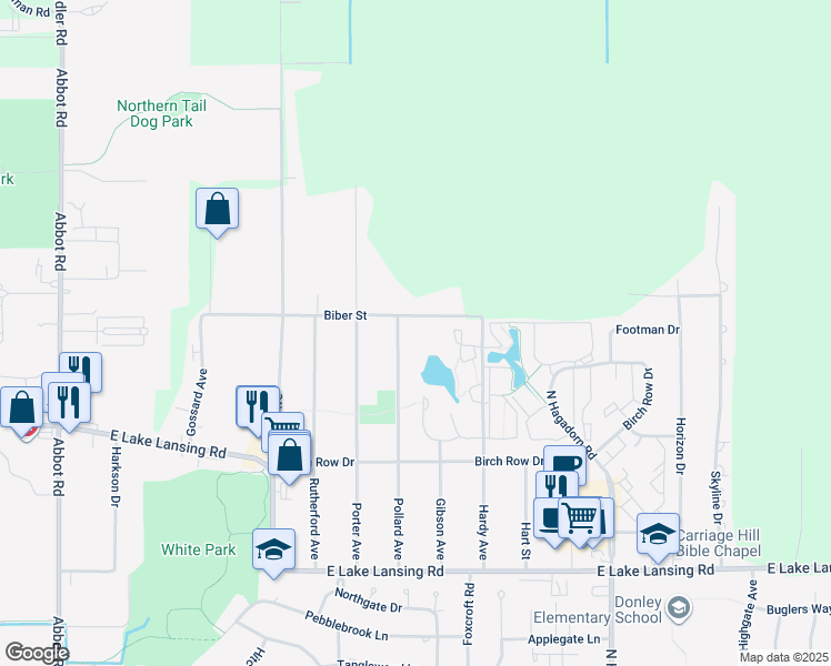 map of restaurants, bars, coffee shops, grocery stores, and more near 3143 Biber Street in East Lansing