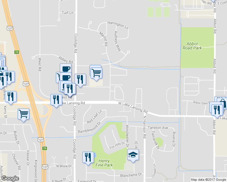 map of restaurants, bars, coffee shops, grocery stores, and more near 2287 Stonehenge Drive in East Lansing