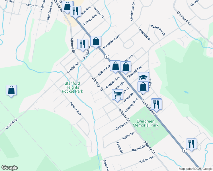 map of restaurants, bars, coffee shops, grocery stores, and more near 45 Kendale Avenue in Schenectady