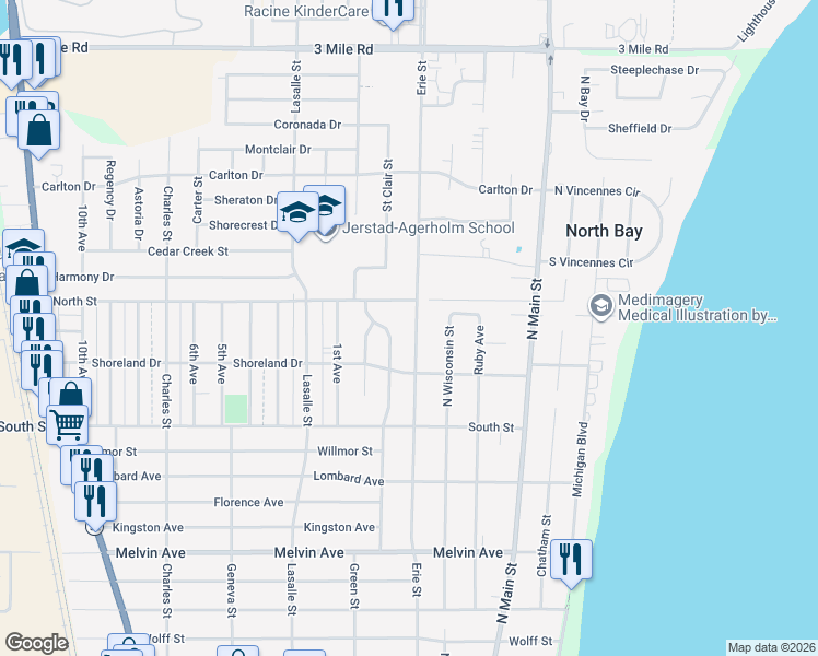 map of restaurants, bars, coffee shops, grocery stores, and more near 3444 Erie Street in Racine