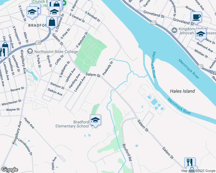 map of restaurants, bars, coffee shops, grocery stores, and more near 205 Salem Street in Haverhill