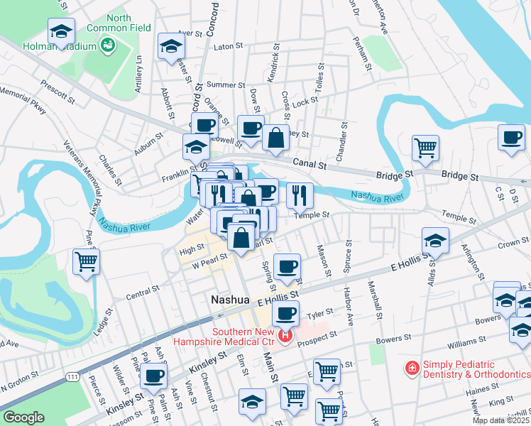 map of restaurants, bars, coffee shops, grocery stores, and more near 30 Temple Street in Nashua