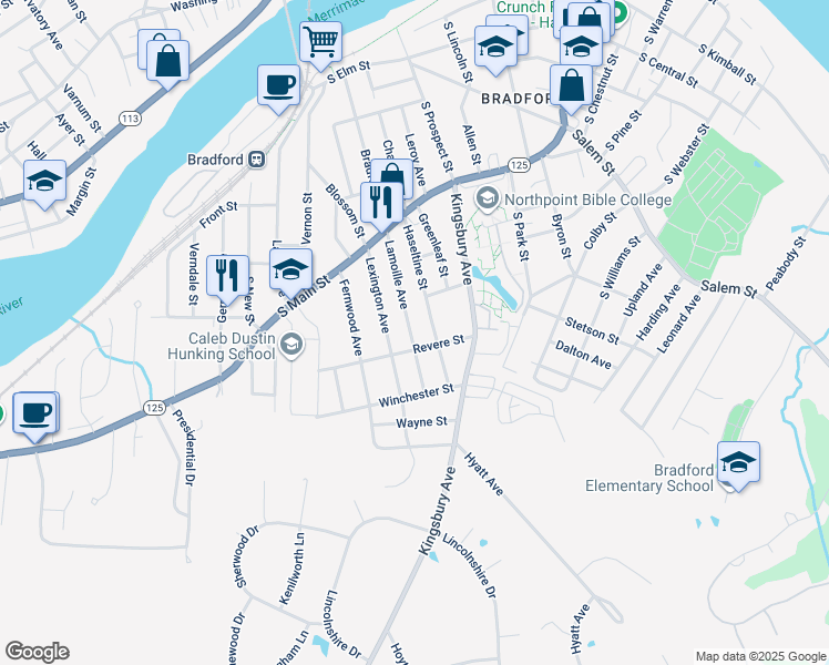 map of restaurants, bars, coffee shops, grocery stores, and more near 70 Lamoille Avenue in Haverhill