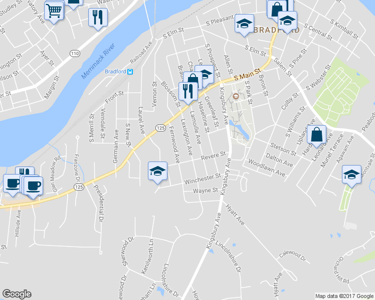 map of restaurants, bars, coffee shops, grocery stores, and more near 27 Lexington Avenue in Haverhill