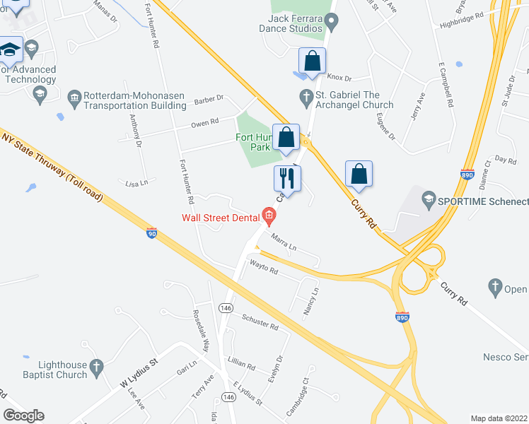 map of restaurants, bars, coffee shops, grocery stores, and more near 3156 Carman Road in Schenectady