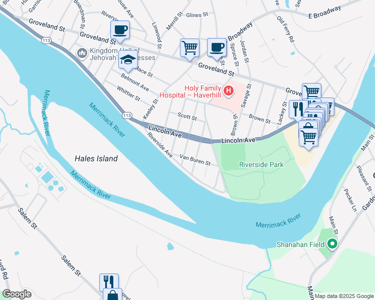 map of restaurants, bars, coffee shops, grocery stores, and more near 23 Munroe Street in Haverhill