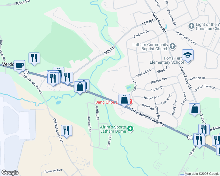 map of restaurants, bars, coffee shops, grocery stores, and more near 18 Knadler Dr in Latham