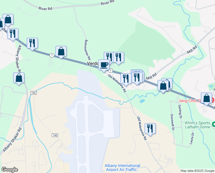 map of restaurants, bars, coffee shops, grocery stores, and more near 1010 Troy Schenectady Road in Latham