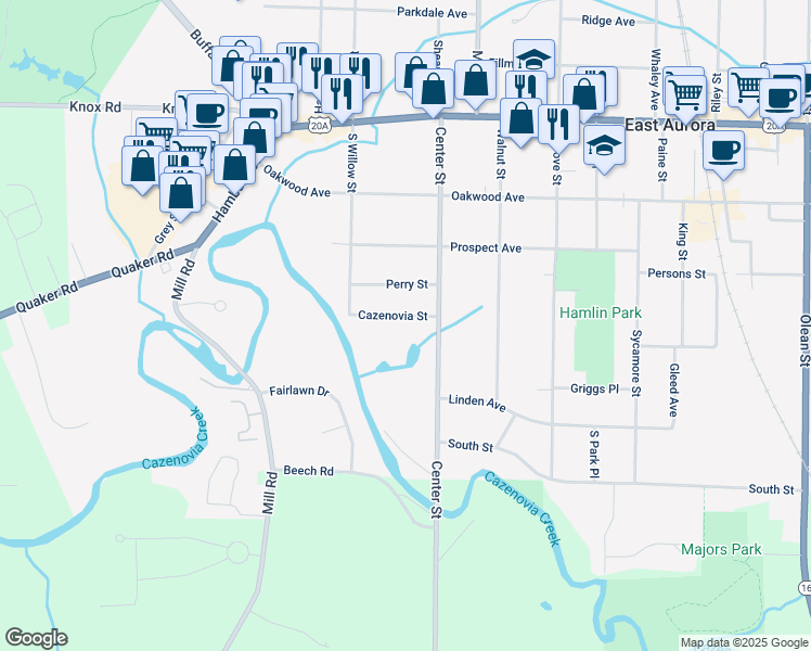 map of restaurants, bars, coffee shops, grocery stores, and more near 297 Cazenovia Street in East Aurora