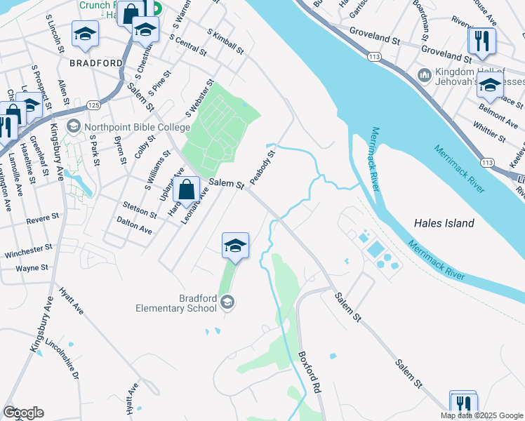 map of restaurants, bars, coffee shops, grocery stores, and more near 205 Salem Street in Haverhill