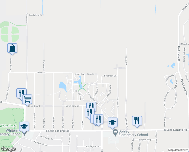 map of restaurants, bars, coffee shops, grocery stores, and more near 6249 Rothbury Way in East Lansing