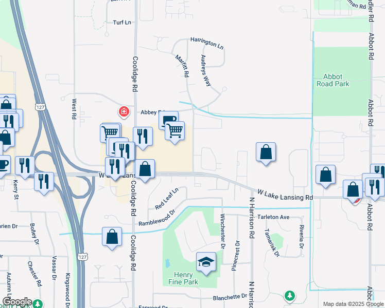 map of restaurants, bars, coffee shops, grocery stores, and more near 2287 Stonehenge Drive in East Lansing