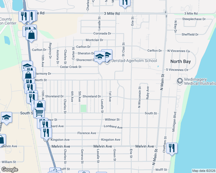 map of restaurants, bars, coffee shops, grocery stores, and more near 3434 1st Avenue in Racine
