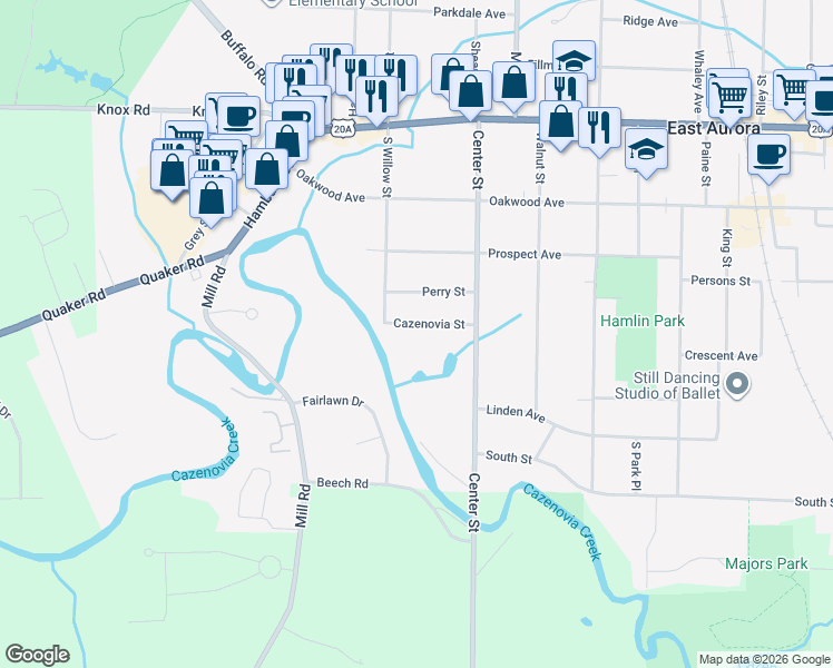 map of restaurants, bars, coffee shops, grocery stores, and more near 243 Cazenovia Street in East Aurora