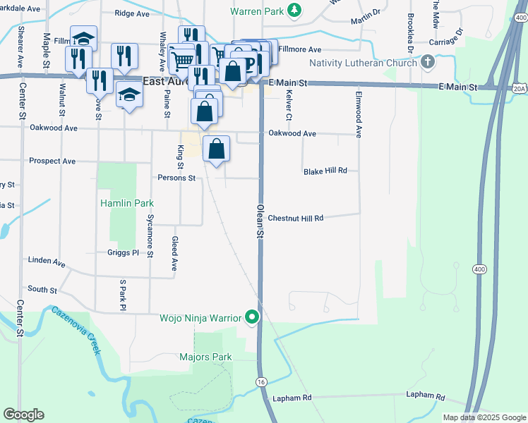 map of restaurants, bars, coffee shops, grocery stores, and more near 218 Olean St in East Aurora