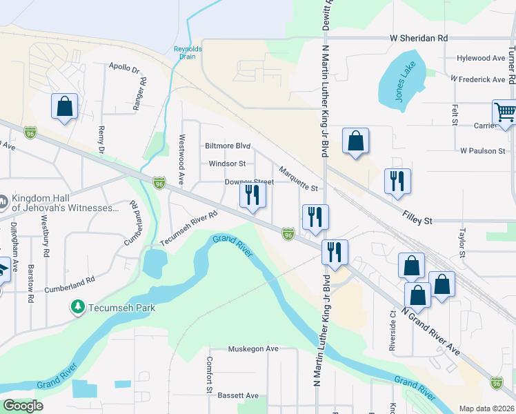 map of restaurants, bars, coffee shops, grocery stores, and more near 2816 Mildred Street in Lansing