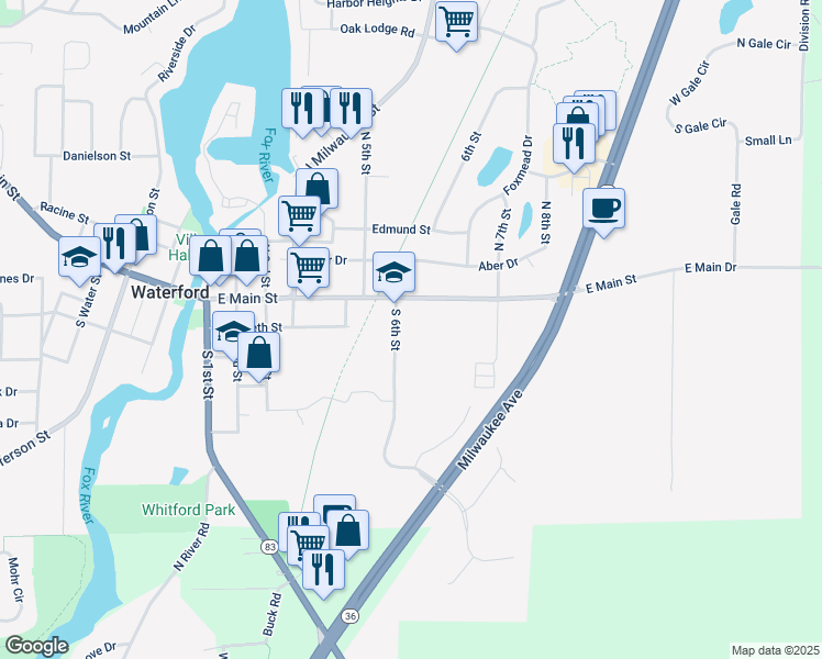 map of restaurants, bars, coffee shops, grocery stores, and more near 145 6th Street in Waterford