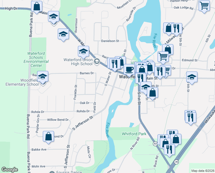 map of restaurants, bars, coffee shops, grocery stores, and more near 211 South Water Street in Waterford