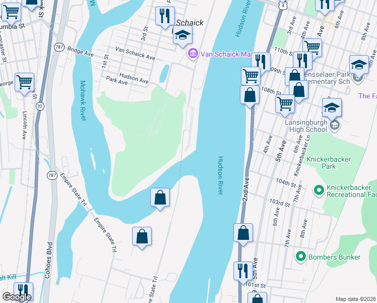 map of restaurants, bars, coffee shops, grocery stores, and more near 12201 Admiral's Walk Drive in Cohoes