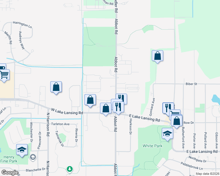map of restaurants, bars, coffee shops, grocery stores, and more near 135 Swart Street in East Lansing