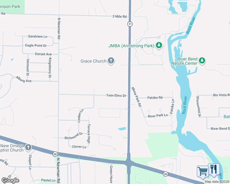 map of restaurants, bars, coffee shops, grocery stores, and more near 4818 Twin Elms Drive in Racine