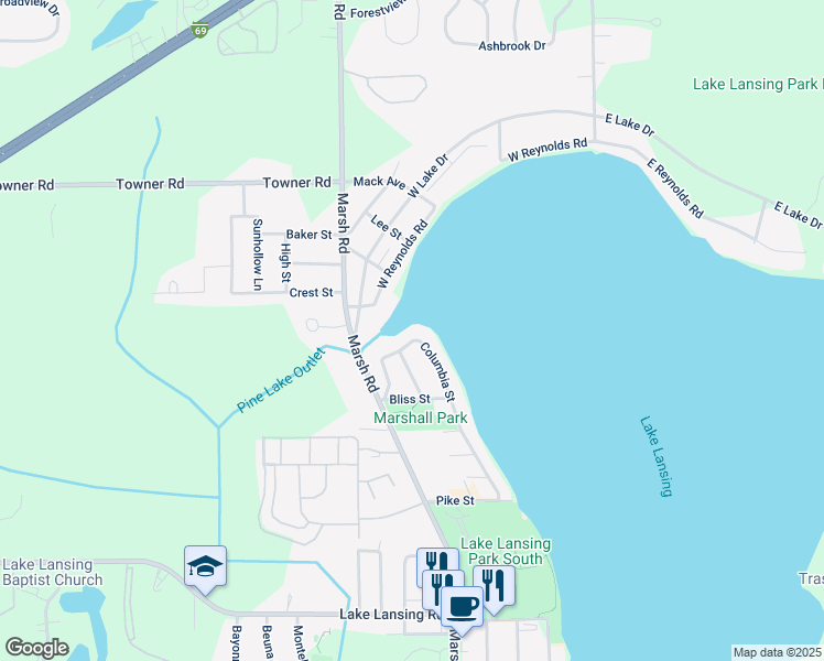 map of restaurants, bars, coffee shops, grocery stores, and more near 6206 Columbia Street in Meridian charter Township