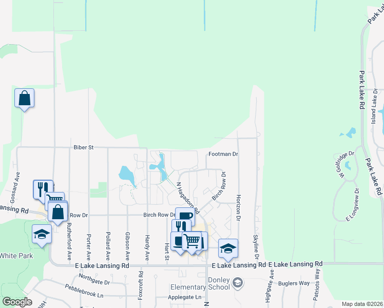 map of restaurants, bars, coffee shops, grocery stores, and more near 6249 Rothbury Way in East Lansing