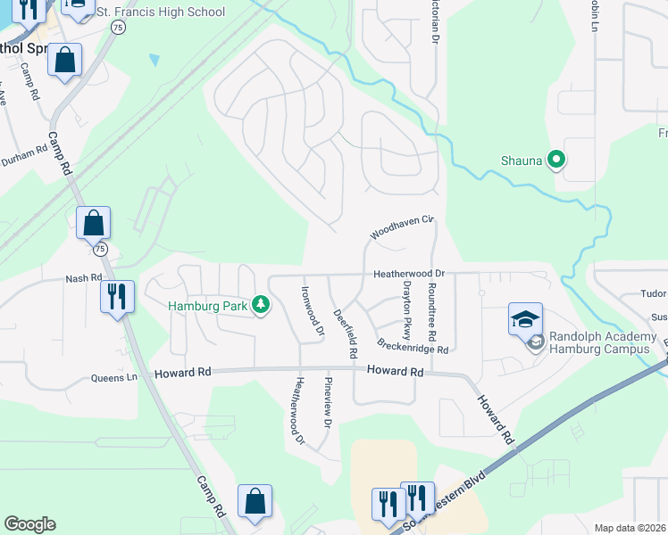 map of restaurants, bars, coffee shops, grocery stores, and more near 3606 Heatherwood Dr in Hamburg