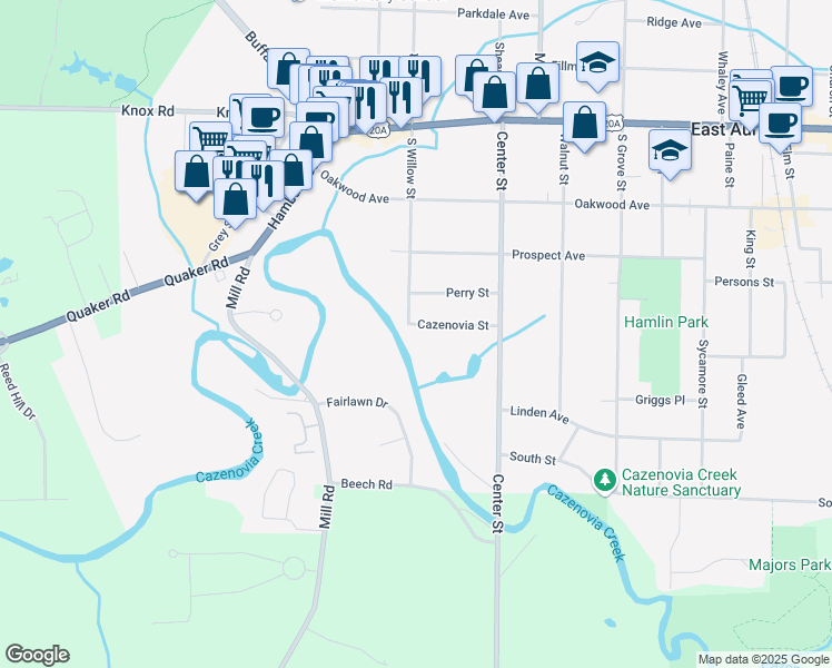 map of restaurants, bars, coffee shops, grocery stores, and more near 243 Cazenovia Street in East Aurora