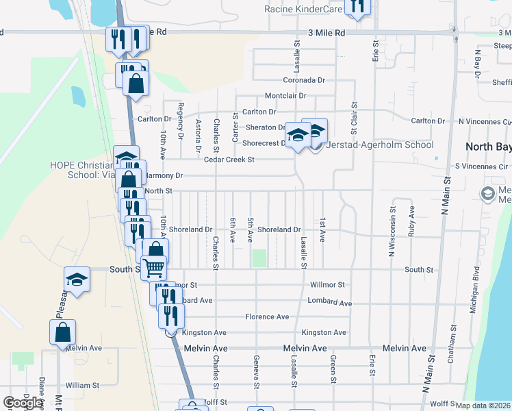 map of restaurants, bars, coffee shops, grocery stores, and more near 3440 5th Avenue in Racine