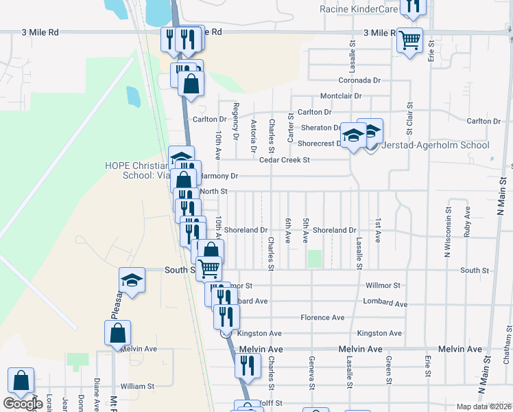 map of restaurants, bars, coffee shops, grocery stores, and more near 3437 8th Avenue in Racine