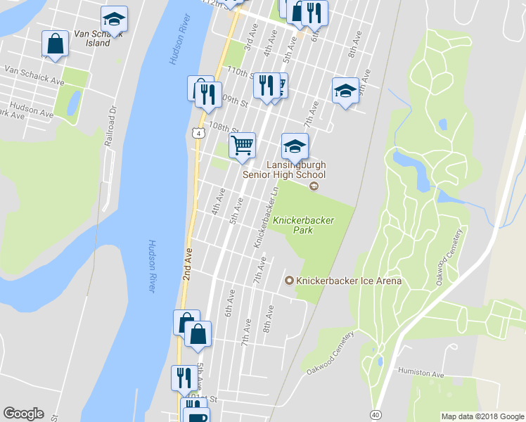 map of restaurants, bars, coffee shops, grocery stores, and more near 264 6th Avenue in Troy