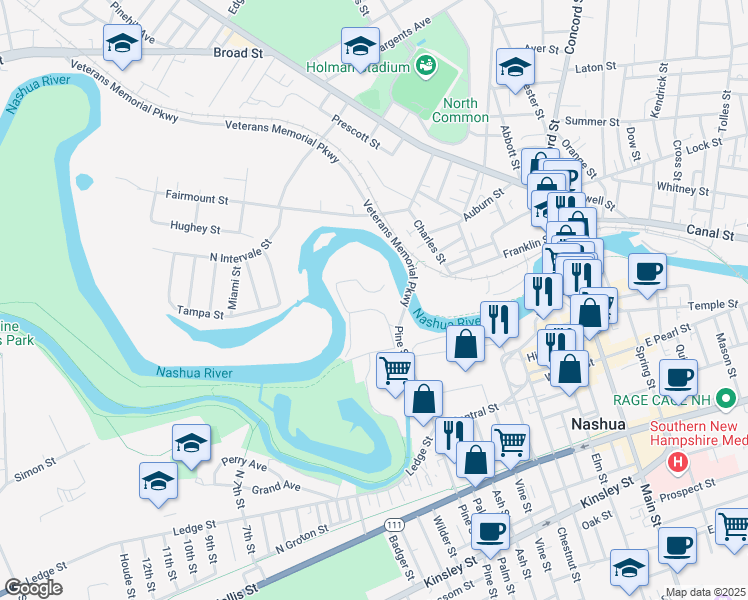 map of restaurants, bars, coffee shops, grocery stores, and more near 65 Technology Way in Nashua