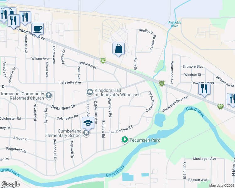 map of restaurants, bars, coffee shops, grocery stores, and more near 2415 Delta River Drive in Lansing