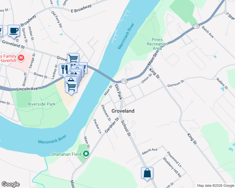 map of restaurants, bars, coffee shops, grocery stores, and more near 19 Elm Park in Groveland