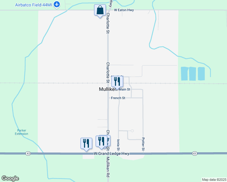 map of restaurants, bars, coffee shops, grocery stores, and more near 125 French Street in Mulliken