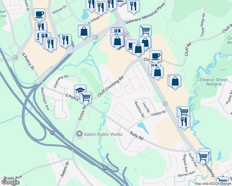 map of restaurants, bars, coffee shops, grocery stores, and more near 113 Cluff Crossing Road in Salem