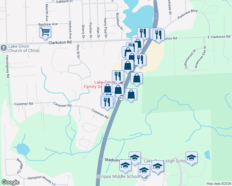 map of restaurants, bars, coffee shops, grocery stores, and more near 1376B South Lapeer Road in Lake Orion