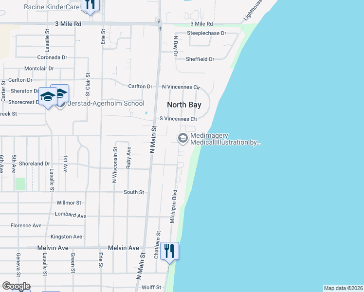 map of restaurants, bars, coffee shops, grocery stores, and more near 121 Michigan Court in Racine