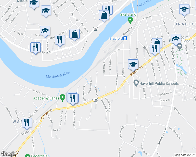 map of restaurants, bars, coffee shops, grocery stores, and more near 19 Franzone Drive in Haverhill