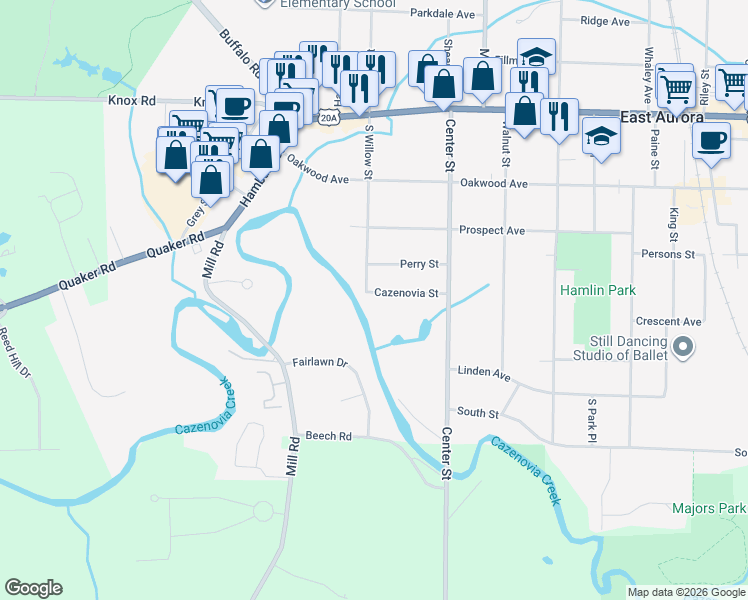 map of restaurants, bars, coffee shops, grocery stores, and more near 243 Cazenovia Street in East Aurora