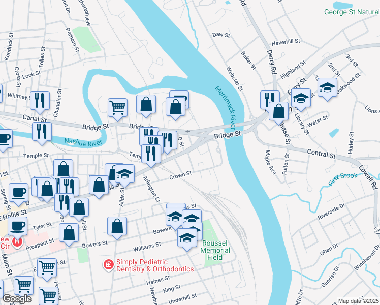 map of restaurants, bars, coffee shops, grocery stores, and more near 145 East Hollis Street in Nashua
