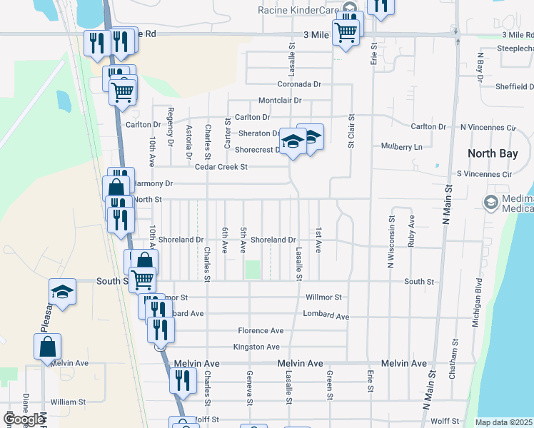 map of restaurants, bars, coffee shops, grocery stores, and more near 3437 4th Avenue in Racine