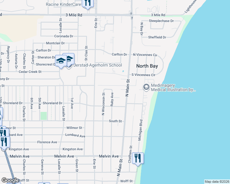 map of restaurants, bars, coffee shops, grocery stores, and more near 3451 Ruby Ave in Racine
