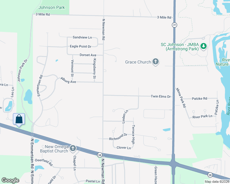 map of restaurants, bars, coffee shops, grocery stores, and more near 5320 Twin Elms Drive in Racine