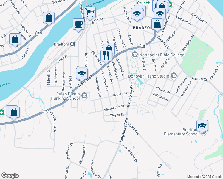 map of restaurants, bars, coffee shops, grocery stores, and more near 70 Lamoille Avenue in Haverhill