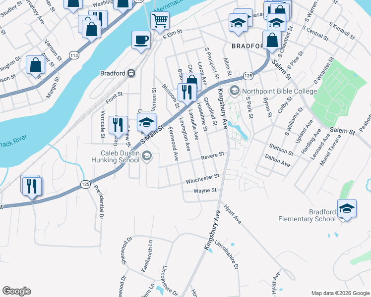 map of restaurants, bars, coffee shops, grocery stores, and more near 27 Lexington Avenue in Haverhill